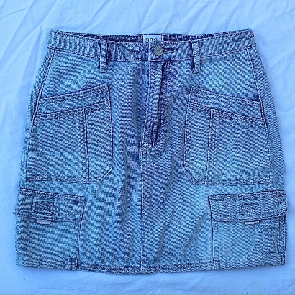 light blue jean skirt—high-waisted